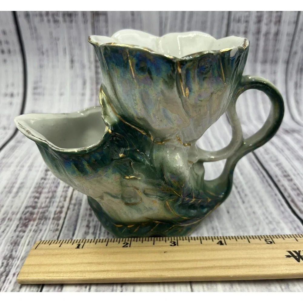 Antique German Porcelain Mustache Shaving Mug Luster Green Gold